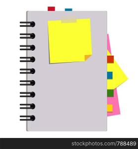 Open notepad with clean sheets on a spiral with bookmarks between the pages. Colorful flat vector illustration isolated on white background. With space for text or image. Open notepad with clean sheets on a spiral with bookmarks between the pages. Colorful flat vector illustration isolated on white background. With space for text or image.