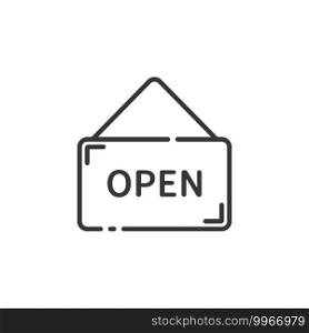 Open notice thin line icon. Label with text. Isolated outline commerce vector illustration