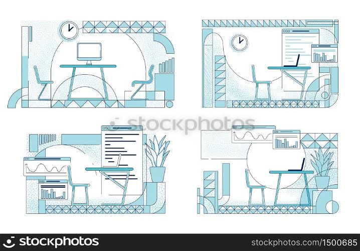 Open office interior designs outline vector illustrations set. Modern coworking space contour compositions on white background. Corporate employee workplace simple style drawings collection