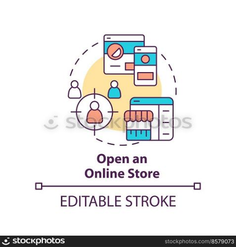 Open online store concept icon. Customer experience. Starting ecommerce business step abstract idea thin line illustration. Isolated outline drawing. Editable stroke. Arial, Myriad Pro-Bold fonts used. Open online store concept icon