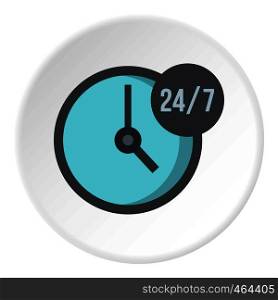 Open or served around the clock, 24 hours a day and 7 days a week icon in flat circle isolated vector illustration for web. Open or served around the clock icon circle