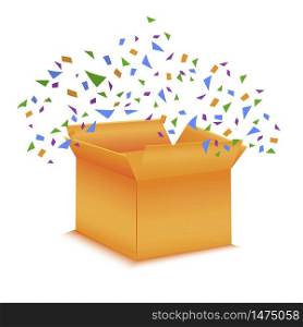 Open orange box with a gift. Surprise icon in the form of a box with candy on a white background. Vector illustration. Stock Photo.