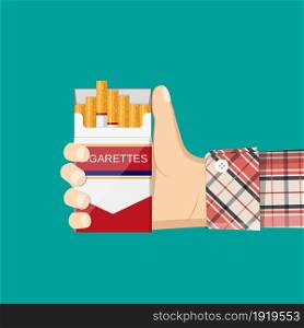 Open pack of cigarettes in hand man. Bad habits. Smoker offers cigarette. Template banner about the dangers of smoking. Vector illustration in flat style. Open pack of cigarettes in hand man.