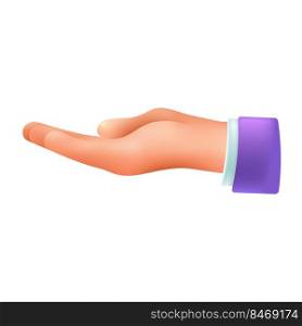 Open palm hand gesture 3d cartoon style icon. Person receiving or providing support, assistance, help flat vector illustration. Gesturing, expression, charity, protection, safety concept