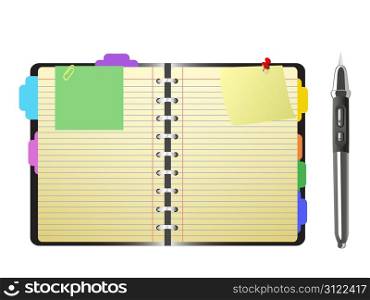 open personal organizer and pen on white background