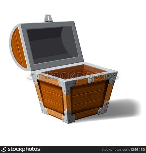 Open pirate chest. wooden box. Symbol of wealth riches. Cartoon flat vector design for gaming interface. Open pirate chest. wooden box. Symbol of wealth riches. Cartoon flat vector design for gaming interface, vector, isolated