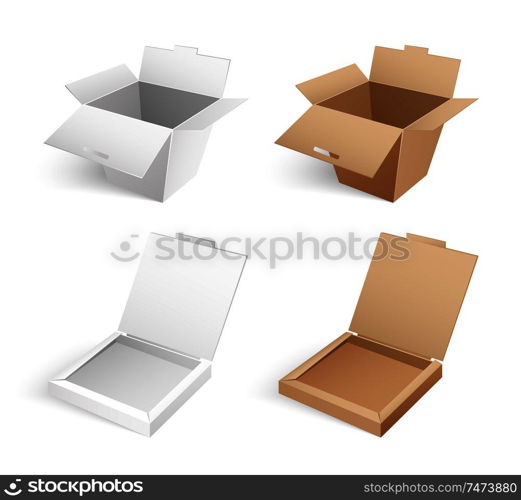 Open pizza container without label vector isolated. Box for food package, template of packaging for delivering food products realistic design mockup. Open Pizza Container Without Label Vector Isolated