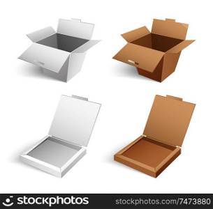 Open pizza container without label vector isolated. Box for food package, template of packaging for delivering food products realistic design mockup. Open Pizza Container Without Label Vector Isolated
