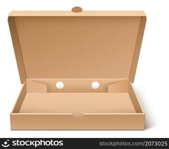 Open pizza pack. Blank cardboard box mockup. Front view. Vector illustration. Open pizza pack. Blank cardboard box mockup. Front view