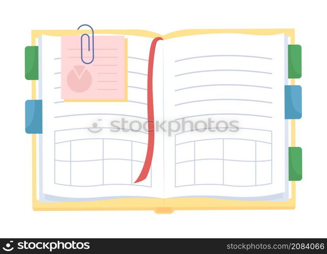 Open planner semi flat color vector object. Blank pages in diary. Notes in textbook. Realistic item on white. Lifestyle isolated modern cartoon style illustration for graphic design and animation. Open planner semi flat color vector object
