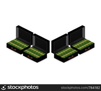 Open portfolio with money, suitcase with money, gold coin and cash in open case isometric. Vector stock illustration.