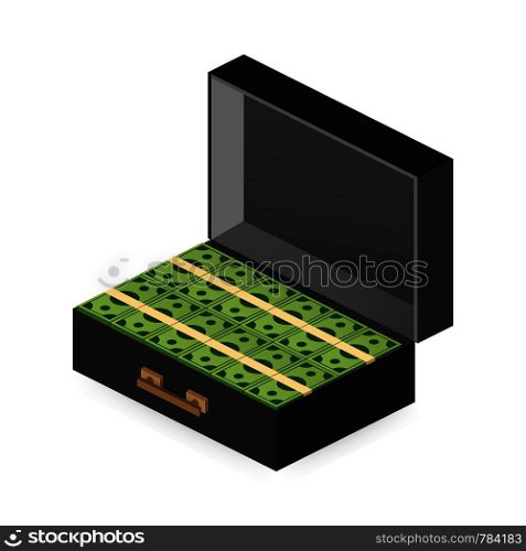 Open portfolio with money, suitcase with money, gold coin and cash in open case isometric. Vector stock illustration.