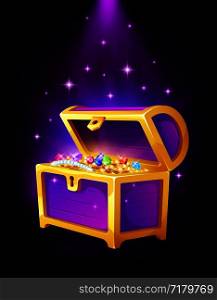 Open purple chest with golden coins and jewelry inside, money, treasure and precious stones, vector illustration. Open purple chest with golden coins and jewelry inside