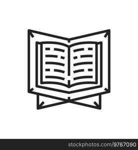 Open Quran book on stand isolated holy Koran isolated outline icon. Vector Muslim religion symbol, religious text of Islam, believed by Muslims revelation from God Allah. Classical Arabic literature. Koran book, religious text of Islam on stand