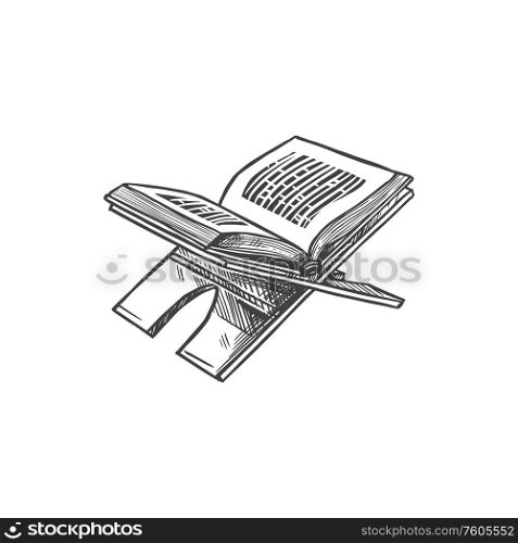 Open Quran book on stand isolated holy Koran sketch. Vector Muslim religion symbol, religious text of Islam. Koran book, religious text of Islam on stand