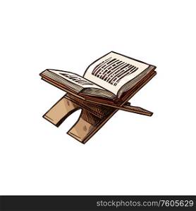 Open Quran book on stand isolated holy Koran sketch. Vector Muslim religion symbol, religious text of Islam. Koran book, religious text of Islam on stand