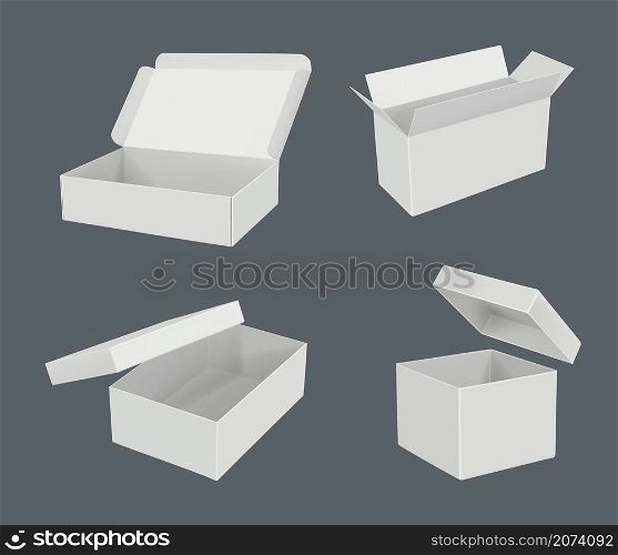 Open realistic boxes. Packages templates cardboard empty containers decent vector blank mockup. Illustration gift package empty, packaging cardboard 3d. Open realistic boxes. Packages templates cardboard empty containers decent vector blank mockup