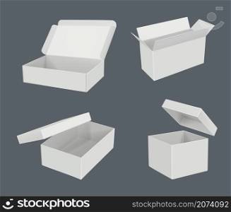 Open realistic boxes. Packages templates cardboard empty containers decent vector blank mockup. Illustration gift package empty, packaging cardboard 3d. Open realistic boxes. Packages templates cardboard empty containers decent vector blank mockup