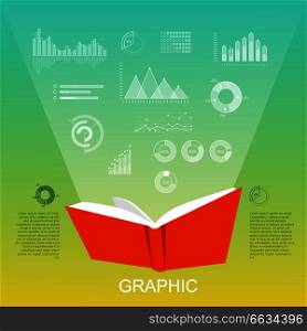 Open red book that lighten column charts, round and triangular diagrams on light green background. Vector illustration of white diagrams, paper book and informative text near book in flat style. Open Red Book that Lighten Column Charts, Diagrams