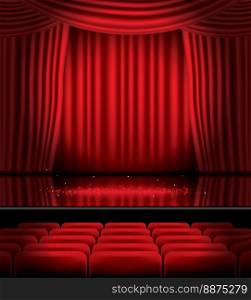 Open Red Curtains with Seats and Copy Space. Vector Illustration. Theater, Opera or Cinema Scene. Light on a Floor.