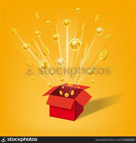 Open Red Gift Box and Coins. Christmas and other Holidays. Open Red Gift Box and Coins. Christmas and other Holidays, Present, Win Background. Vector Illustration. Cartoon style