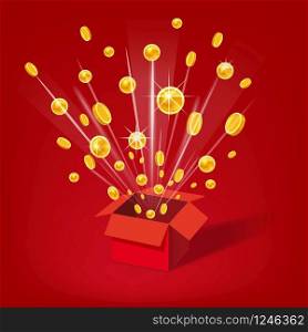Open Red Gift Box and Coins. Christmas and other Holidays. Open Red Gift Box and Coins. Christmas and other Holidays, Present, Win Background. Vector Illustration. Cartoon style