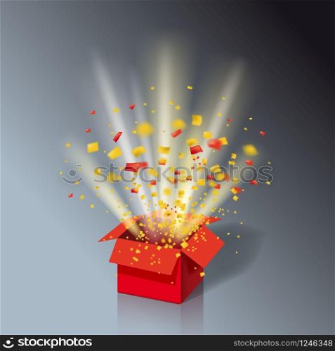 Open Red Gift Box and Colour Confetti. Bright Rays. Open Red Gift Box and Colour Confetti. Bright Rays. Vector Illustration. Isolated, Template Baner, Poster