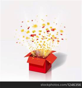 Open Red Gift Box and Colour Confetti. Bright Rays. Open Red Gift Box and Colour Confetti. Bright Rays. Vector Illustration. Isolated, Template Baner, Poster