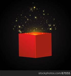Open Red Gift Box and Confetti. Christmas Background. Vector Illustration.. Open Red Gift Box with Lights and Confetti. Christmas or holiday Background. Vector Illustration.