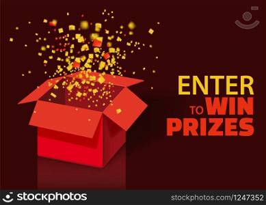 Open Red Gift Box and Confetti With Colorful Particles. Enter to Win Prizes. Open Red Gift Box and Confetti With Colorful Particles. Enter to Win Prizes. Lottery Drawing Advertising Banner Template. Vector Illustration, Isolated