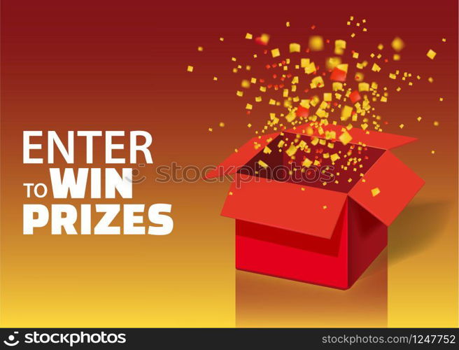 Open Red Gift Box and Confetti With Colorful Particles. Enter to Win Prizes. Open Red Gift Box and Confetti With Colorful Particles. Enter to Win Prizes. Lottery Drawing Advertising Banner Template. Vector Illustration, Isolated