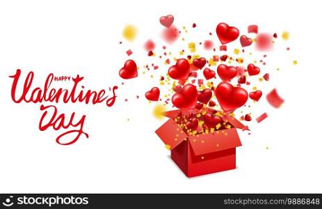 Open red gift box present with flying hearts, burst explosion confetti foil. Happy Valentines day gift box. Vector illustration poster. Open red gift box present with flying hearts, burst explosion confetti foil. Happy Valentines day gift box. Vector illustration poster, banner, card, isolated