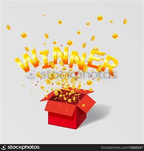 Open red Gift box WIN gold text with coins and confetti explosion inside. Flying particles foil burst. Lottery drawing advertising banner poster template. Vector illustration isolated
