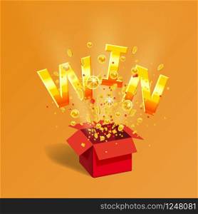 Open red Gift box WIN gold text with confetti explosion inside. Open red Gift box WIN gold text with coins and confetti explosion inside. Flying particles foil burst. Lottery drawing advertising banner poster template. Vector illustration isolated