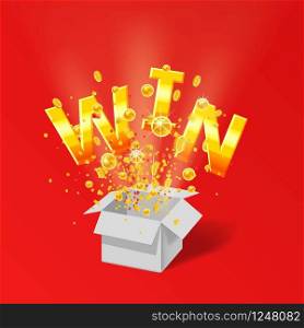 Open red Gift box WIN gold text with confetti explosion inside. Open red White box WIN gold text with coins and confetti explosion inside. Flying particles foil burst. Lottery drawing advertising banner poster template. Vector illustration isolated