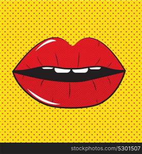 Open Red Lips Pop Art Background On Dot Background Vector Illustration EPS10. Open Red Lips Pop Art Background Vector