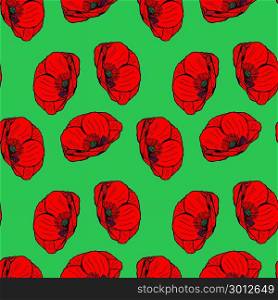 open red poppy flower on a green background, seamless pattern