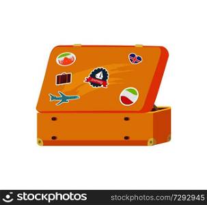 Open retro suitcase with memory stickers sailboat, flying plane, flag of Italy and Iceland, sightseeings worth of seeing, travelling concept vector. Open Retro Suitcase with Memory Sticker Sailboat