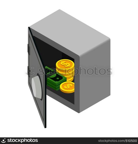 Open safe with money coin and banknote icon in isometric 3d style on a white background. Open safe with money coin and banknote icon