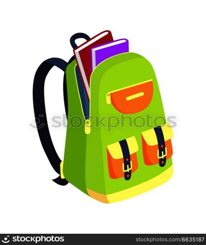 Open schoolbag with books side view vector illustration isolated on white background. Rucksack with pockets and fasteners, back to school concept. Open Schoolbag with Books Side View Vector