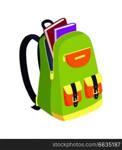 Open schoolbag with books side view vector illustration isolated on white background. Rucksack with pockets and fasteners, back to school concept. Open Schoolbag with Books Side View Vector