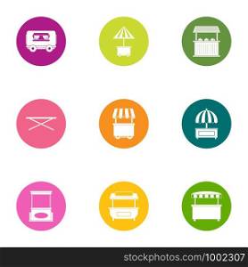 Open shop icons set. Flat set of 9 open shop vector icons for web isolated on white background. Open shop icons set, flat style