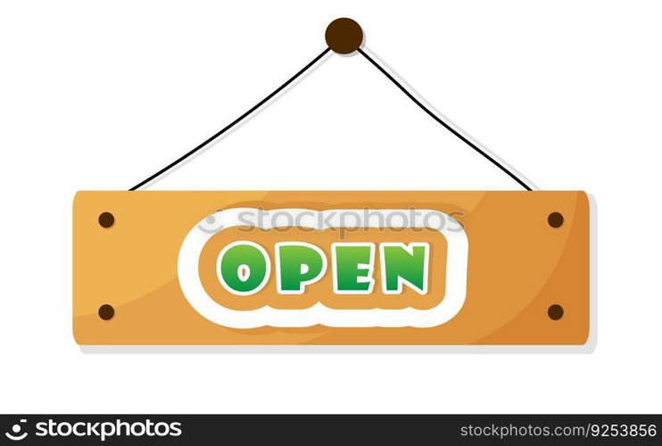 Open shop text wooden mark, isolated entrance mark design element. Cartoon wood texture, direction door board plank. Information banner template.