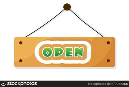 Open shop text wooden mark, isolated entrance mark design element. Cartoon wood texture, direction door board plank. Information banner template.