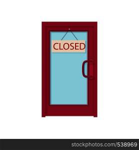 Open sign board hanging on the door icon in cartoon style on a white background. Open sign board hanging on the door icon
