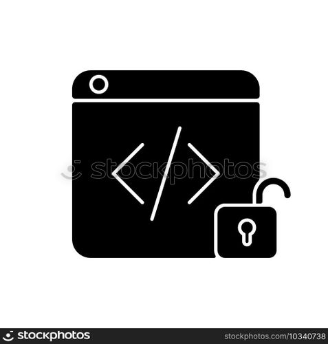 Open source code platforms black glyph icon. Permission modifying code freely. Open development process. Promoting collaboration. Silhouette symbol on white space. Vector isolated illustration. Open source code platforms black glyph icon