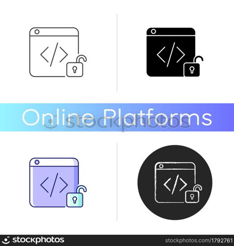 Open source code platforms icon. Permission modifying and enhancing code freely. Open development process. Promoting collaboration. Linear black and RGB color styles. Isolated vector illustrations. Open source code platforms icon