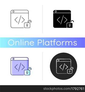 Open source code platforms icon. Permission modifying and enhancing code freely. Open development process. Promoting collaboration. Linear black and RGB color styles. Isolated vector illustrations. Open source code platforms icon