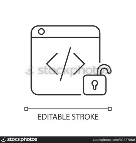 Open source code platforms linear icon. Permission modifying and enhancing code freely. Thin line customizable illustration. Contour symbol. Vector isolated outline drawing. Editable stroke. Open source code platforms linear icon