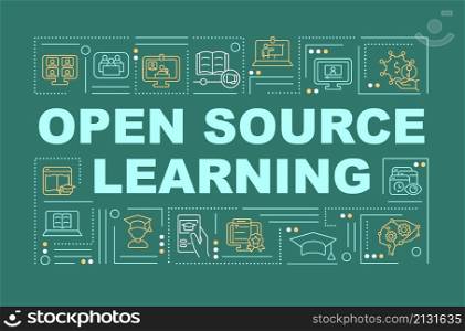 Open source learning word concepts green banner. Online education. Infographics with linear icons on background. Isolated typography. Vector color illustration with text. Arial-Black font used. Open source learning word concepts green banner